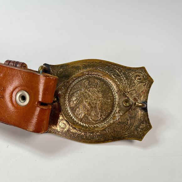 Pilgrim Vintage Western Leather Belt Horse Buckle Brown Leather 214